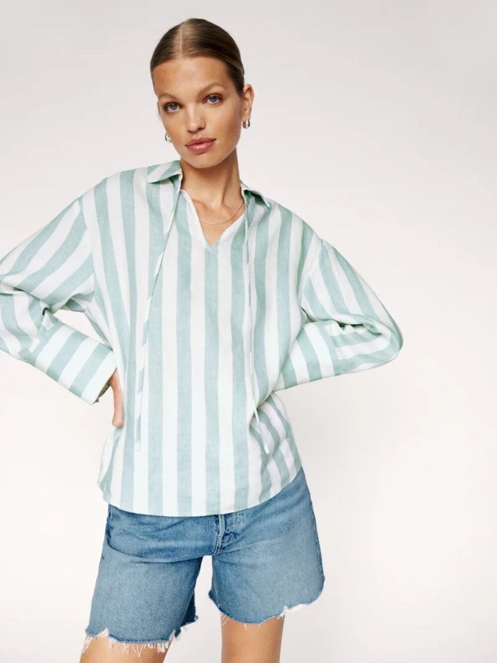 REFORMATION Gabriel Oversized Linen Shirt Blue White Stripe Collared Top | Small